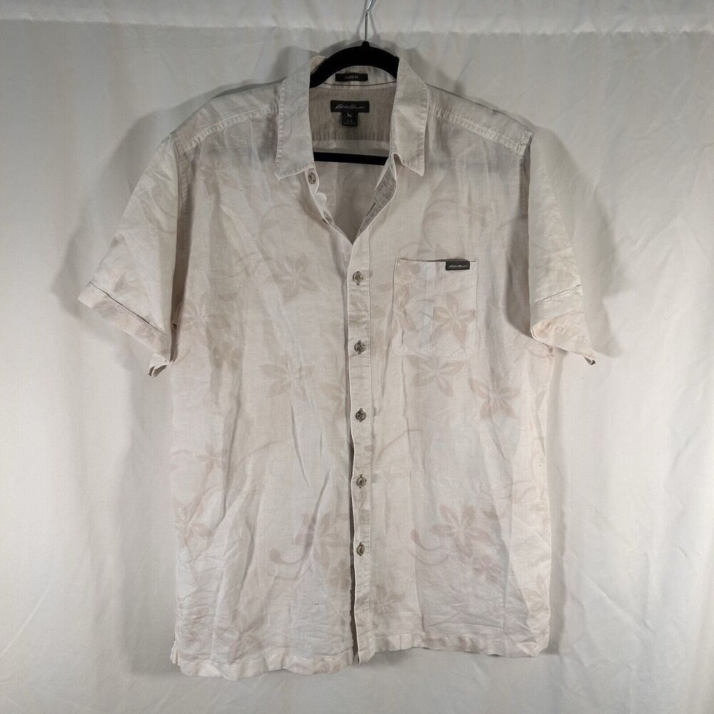 Eddie Bauer Linen Blend Shirt Men's Large White Floral Button Up Short Sleeve